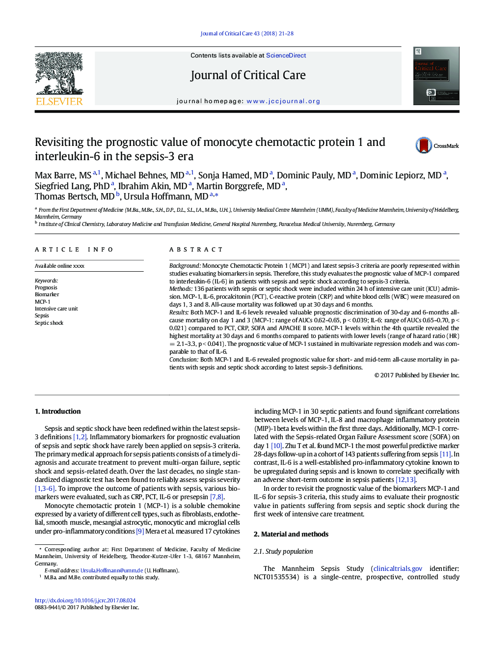 Revisiting the prognostic value of monocyte chemotactic protein 1 and interleukin-6 in the sepsis-3 era