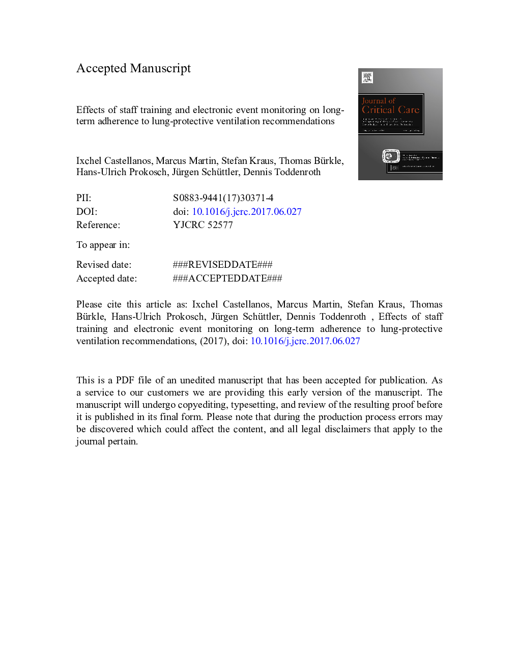 Effects of staff training and electronic event monitoring on long-term adherence to lung-protective ventilation recommendations