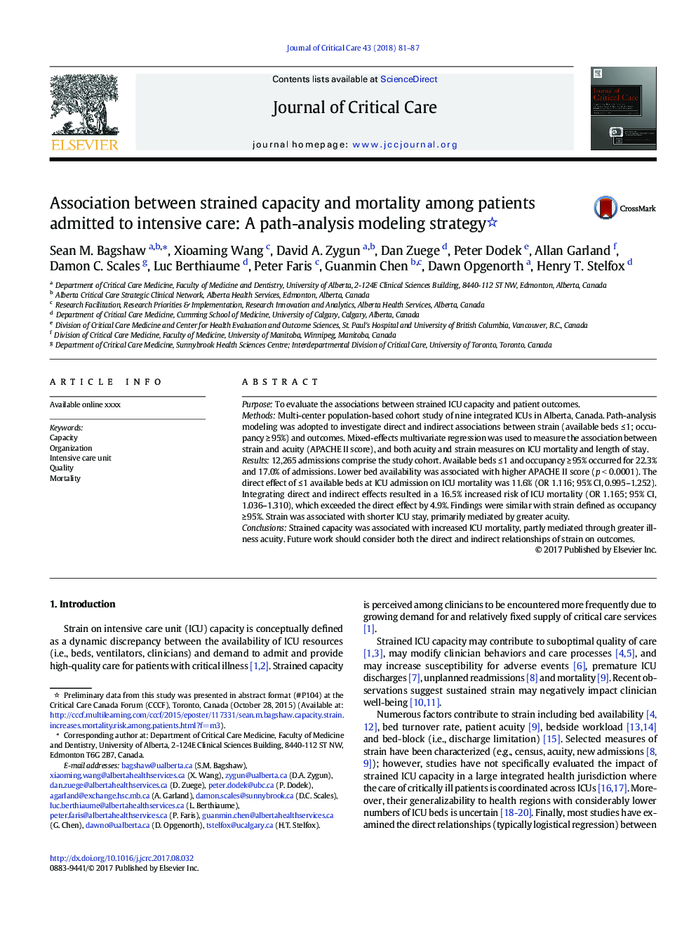 Association between strained capacity and mortality among patients admitted to intensive care: A path-analysis modeling strategy