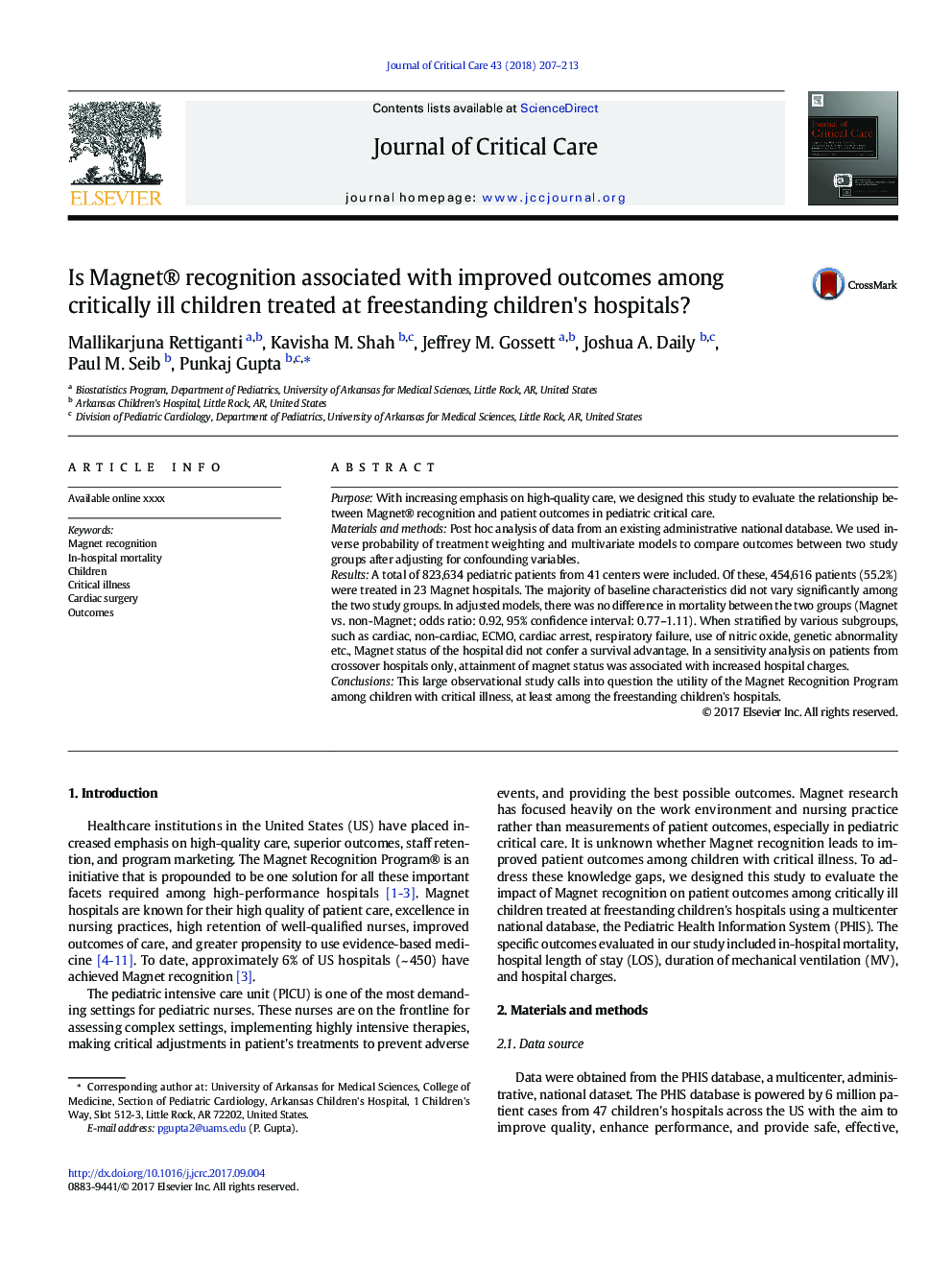 Is Magnet® recognition associated with improved outcomes among critically ill children treated at freestanding children's hospitals?