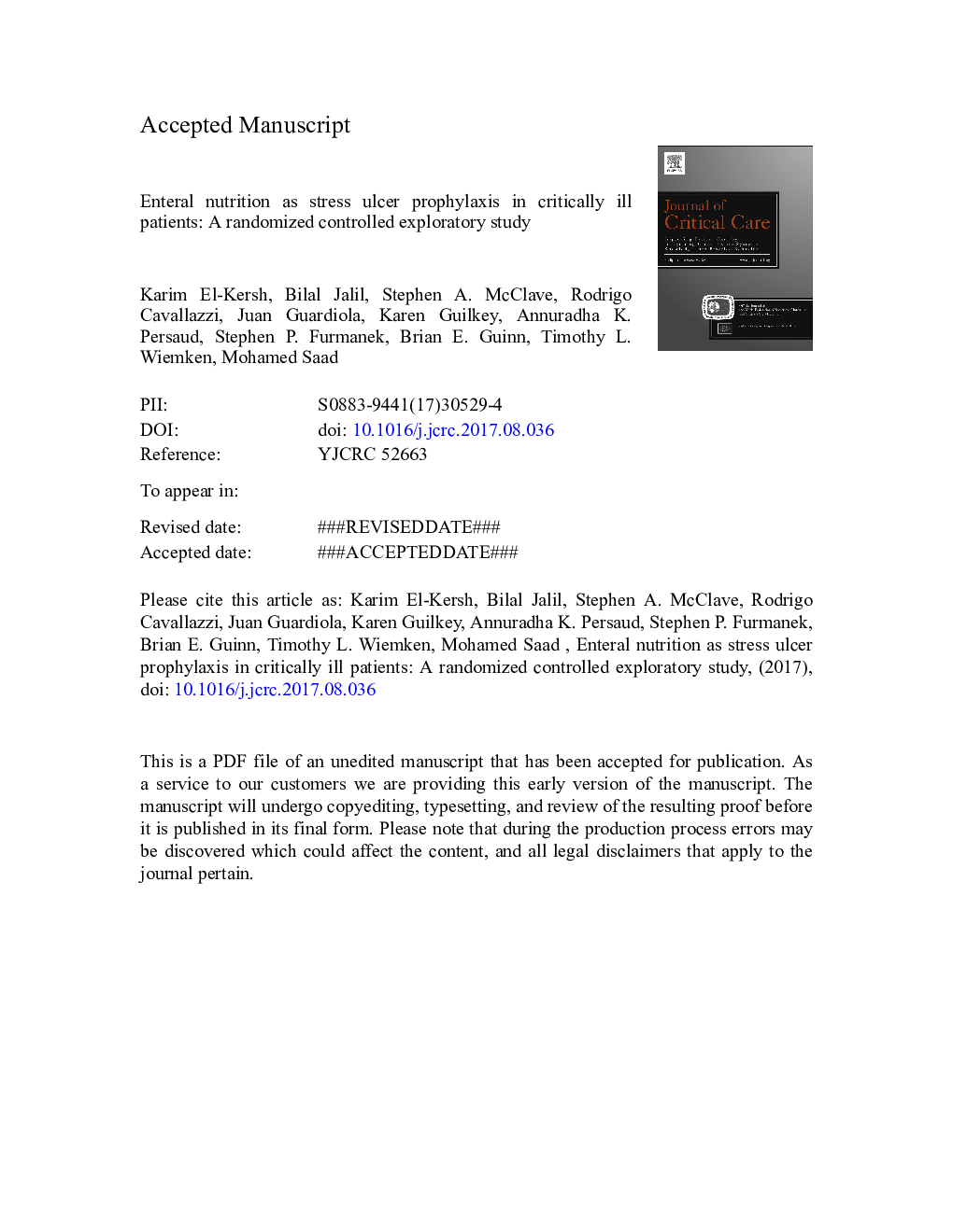 Enteral nutrition as stress ulcer prophylaxis in critically ill patients: A randomized controlled exploratory study