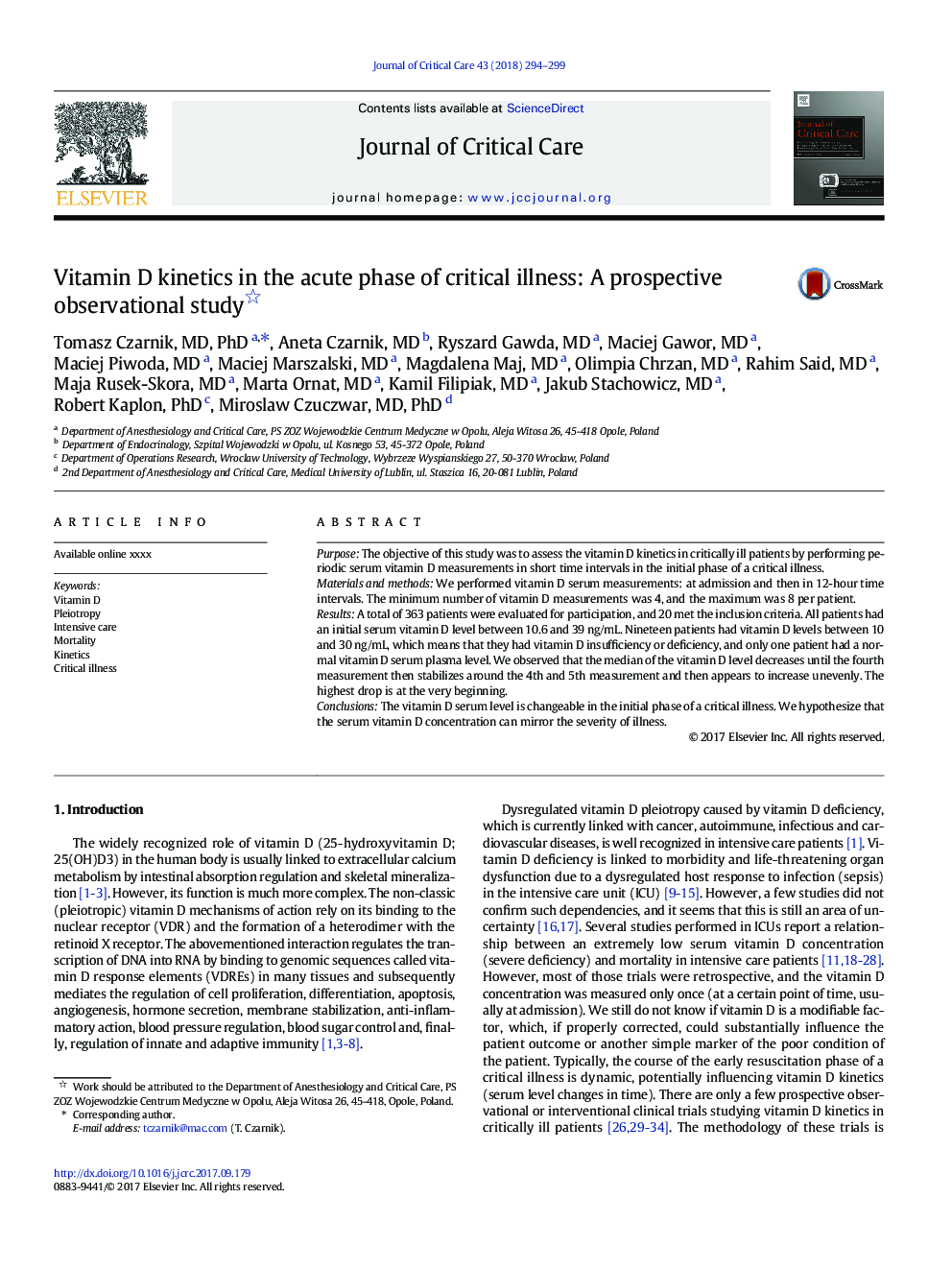 Vitamin D kinetics in the acute phase of critical illness: A prospective observational study