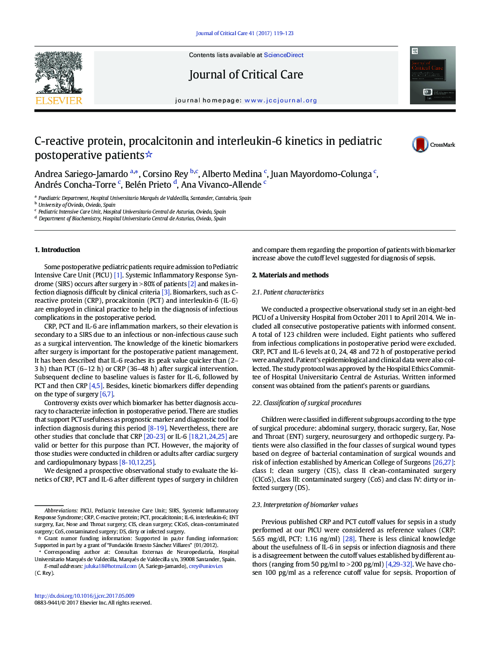 C-reactive protein, procalcitonin and interleukin-6 kinetics in pediatric postoperative patients