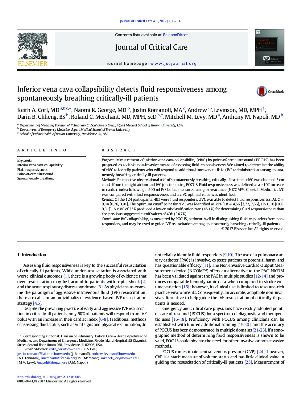 Inferior vena cava collapsibility detects fluid responsiveness among spontaneously breathing critically-ill patients