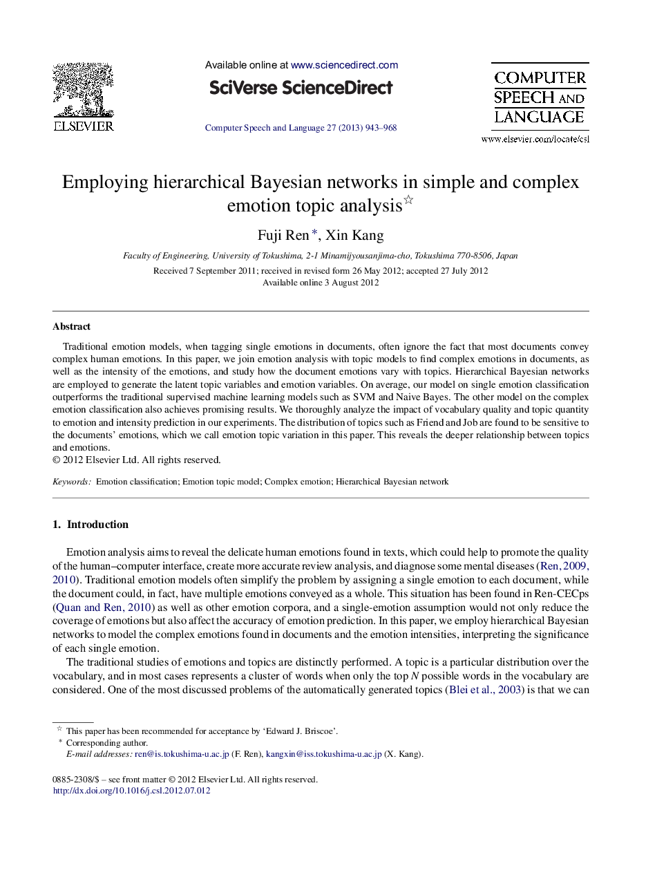 Employing hierarchical Bayesian networks in simple and complex emotion topic analysis 