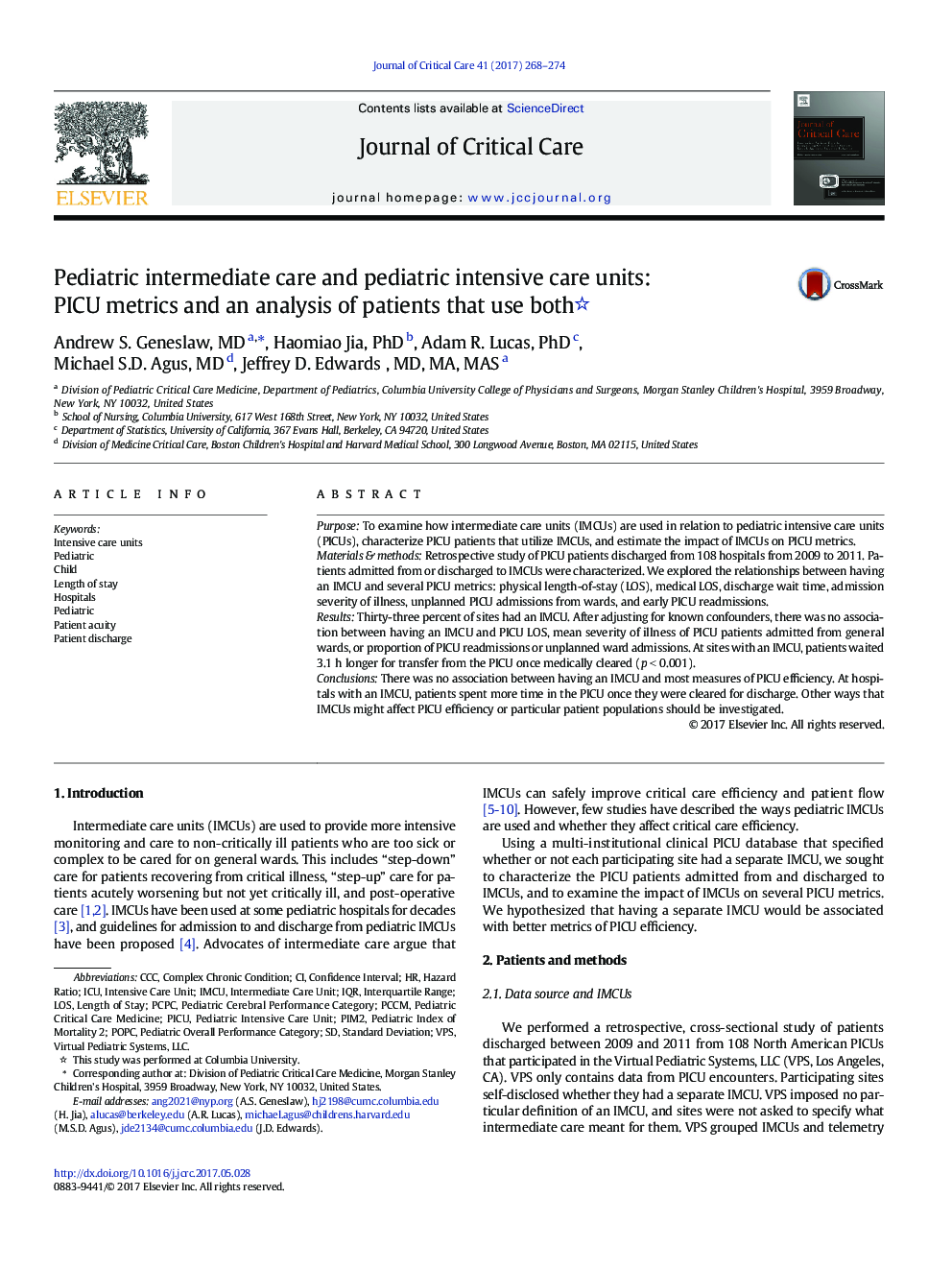 Pediatric intermediate care and pediatric intensive care units: PICU metrics and an analysis of patients that use both