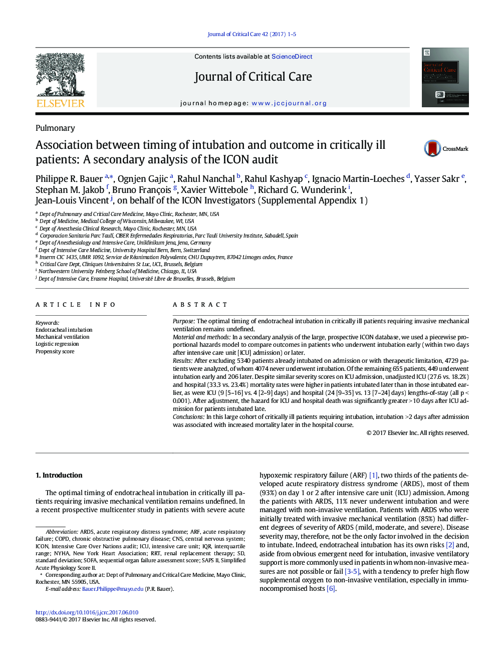 Association between timing of intubation and outcome in critically ill patients: A secondary analysis of the ICON audit