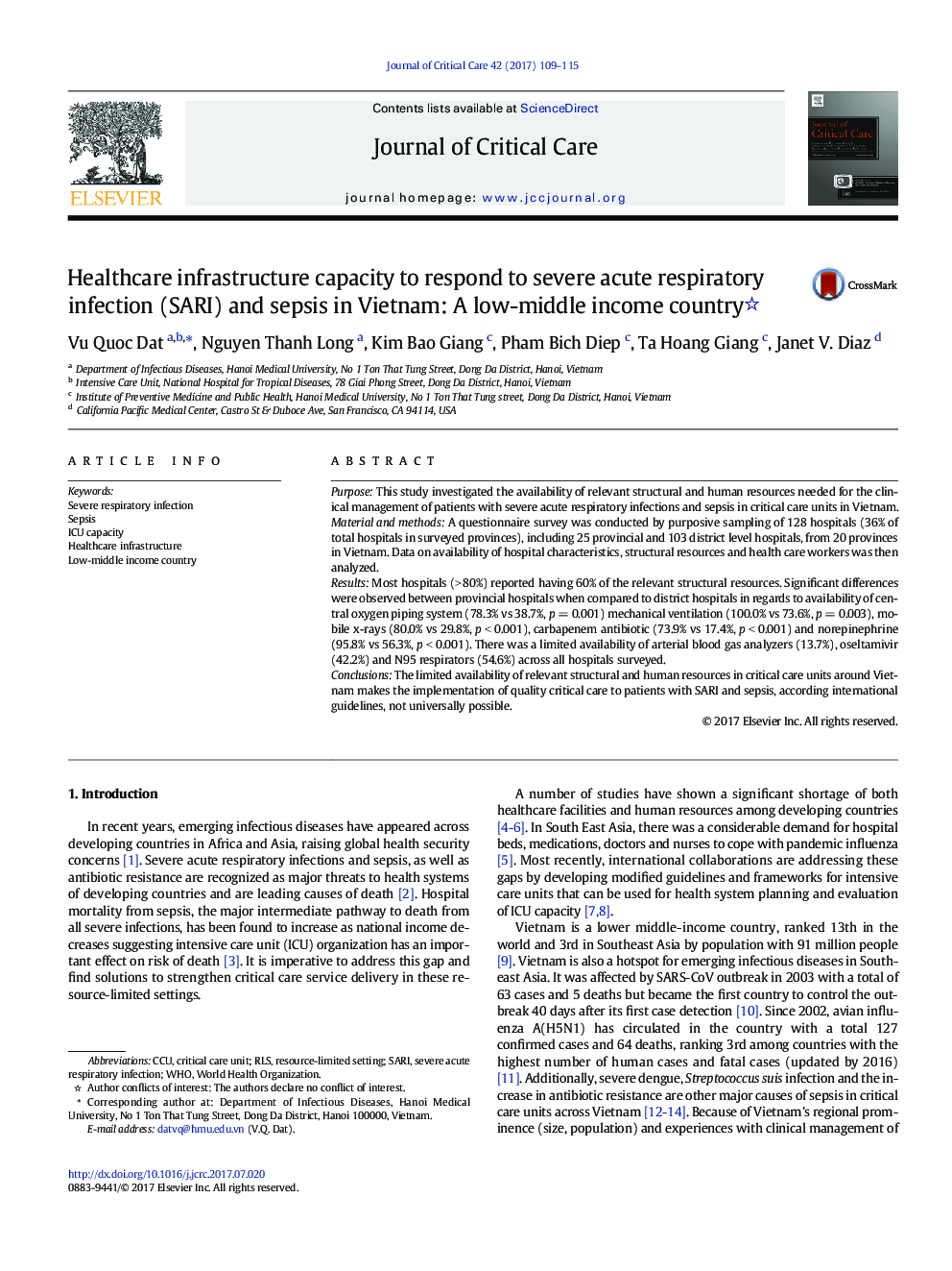 Healthcare infrastructure capacity to respond to severe acute respiratory infection (SARI) and sepsis in Vietnam: A low-middle income country