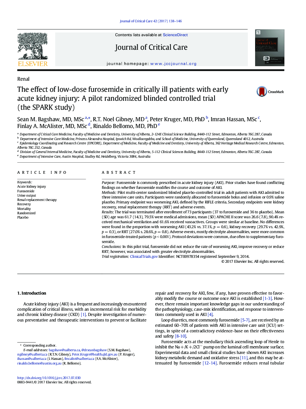 The effect of low-dose furosemide in critically ill patients with early acute kidney injury: A pilot randomized blinded controlled trial (the SPARK study)