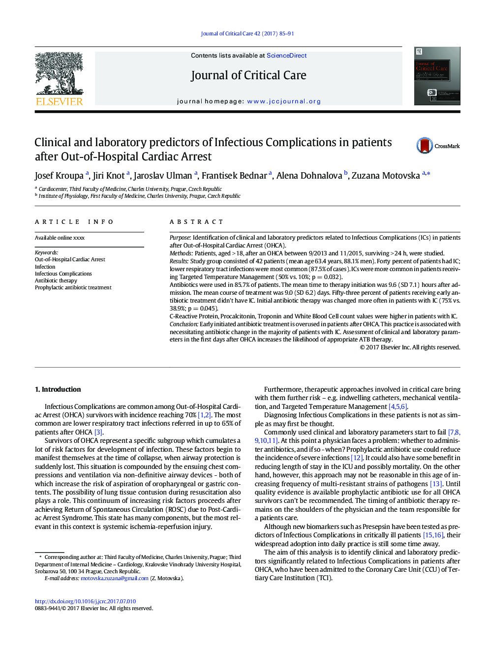 Clinical and laboratory predictors of Infectious Complications in patients after Out-of-Hospital Cardiac Arrest