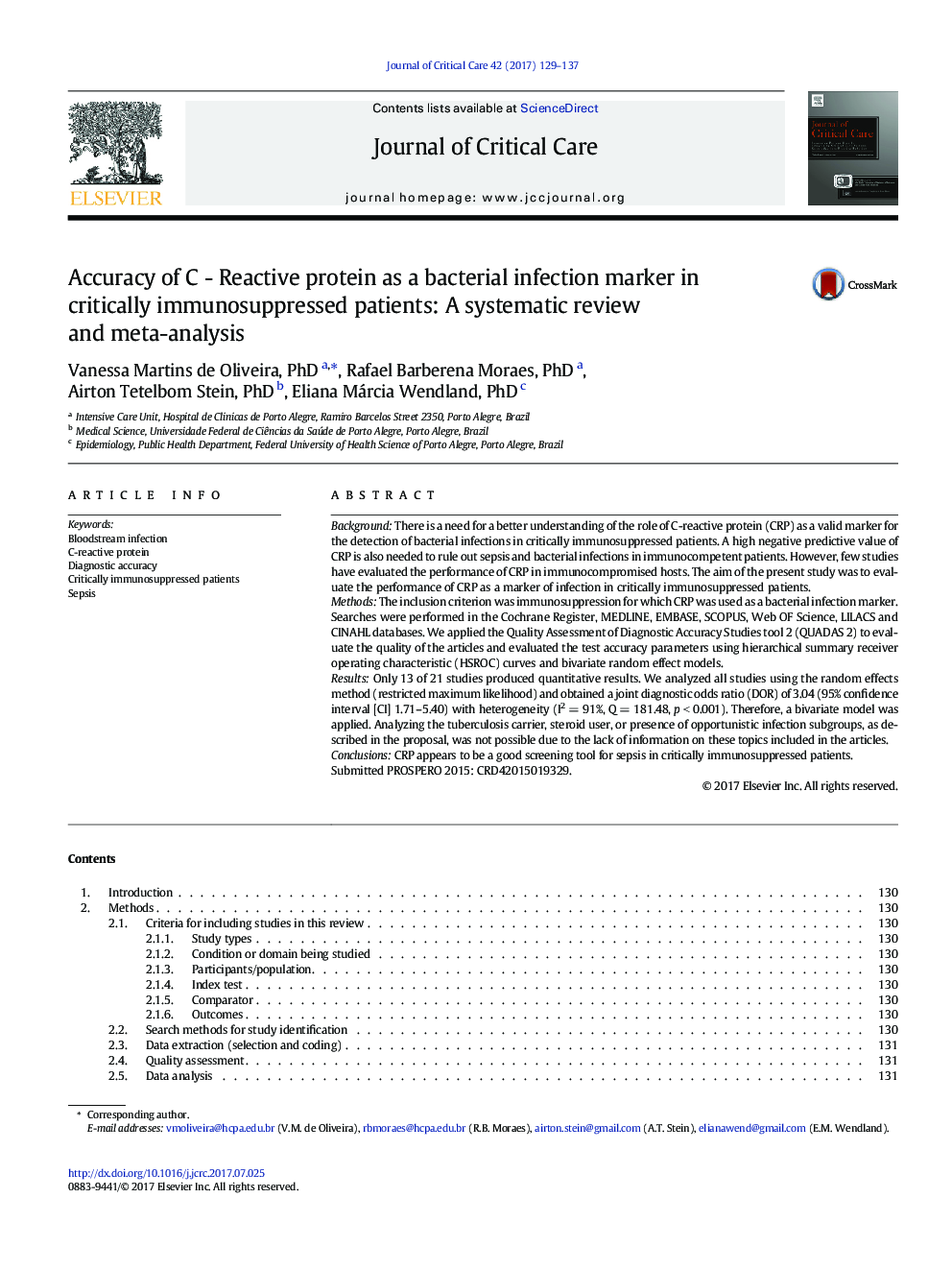 Accuracy of C - Reactive protein as a bacterial infection marker in critically immunosuppressed patients: A systematic review and meta-analysis