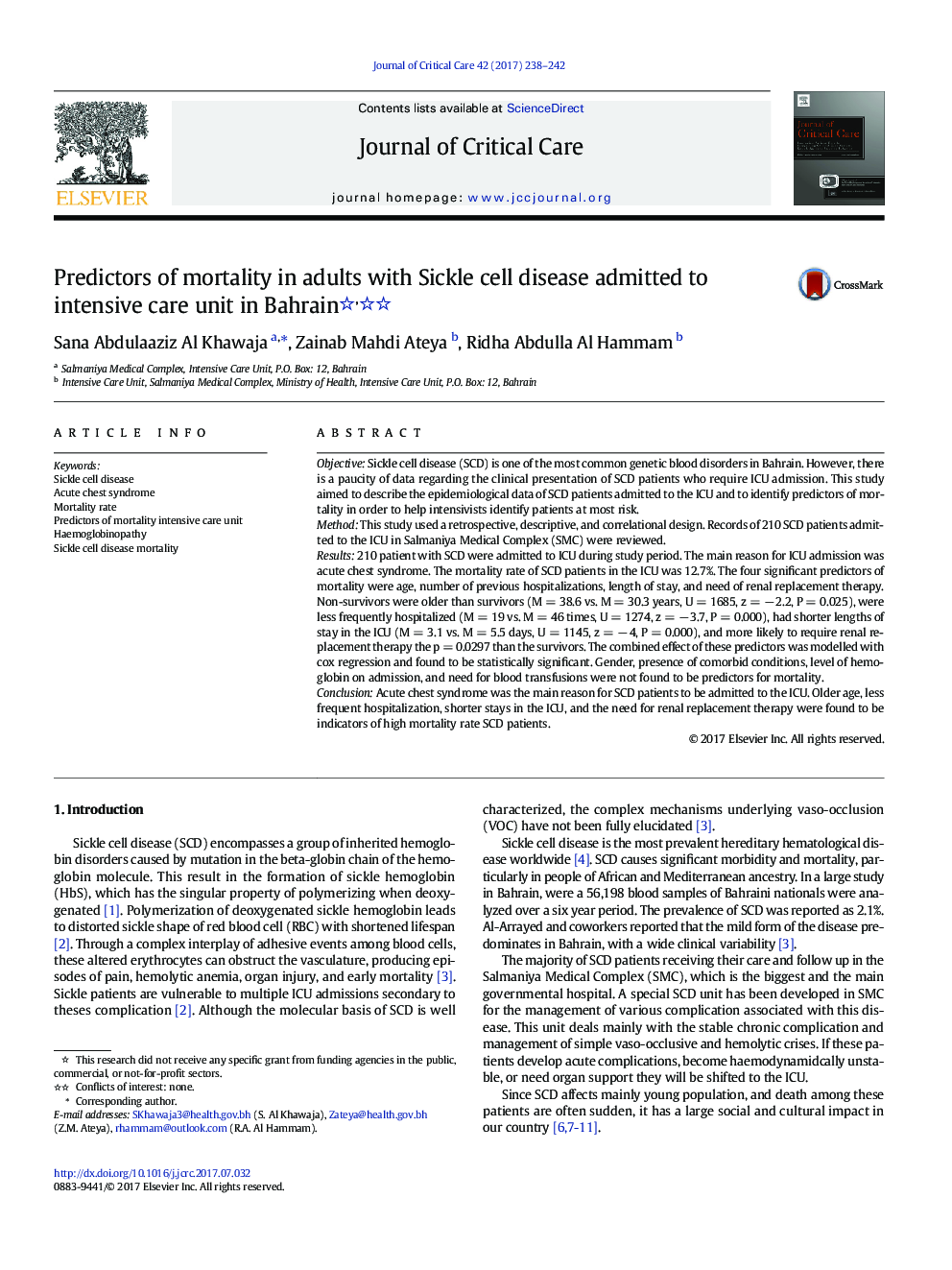 Predictors of mortality in adults with Sickle cell disease admitted to intensive care unit in Bahrain