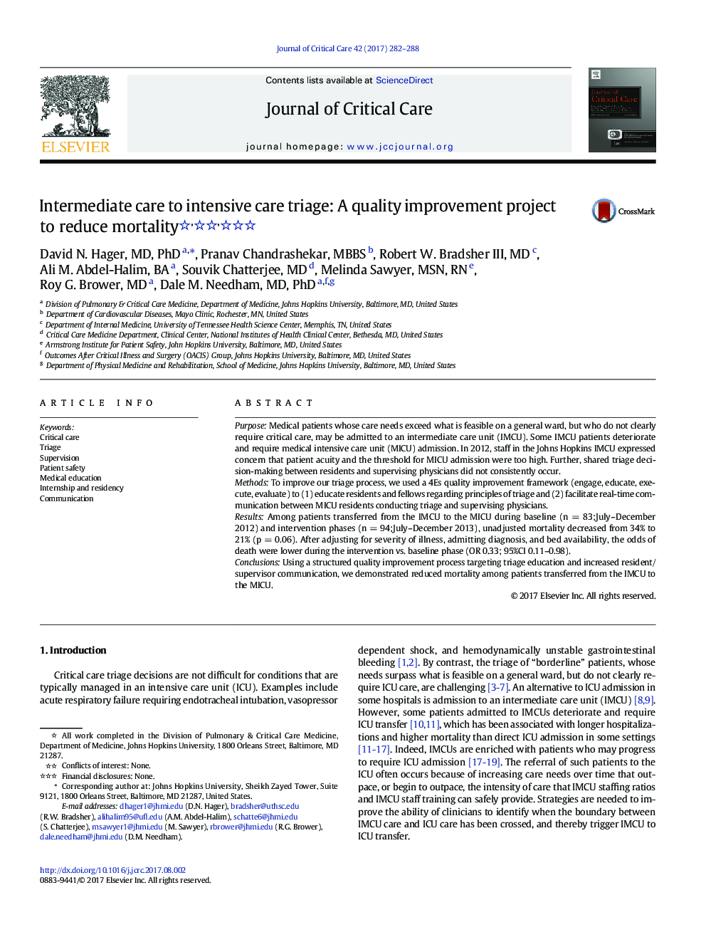 Intermediate care to intensive care triage: A quality improvement project to reduce mortality