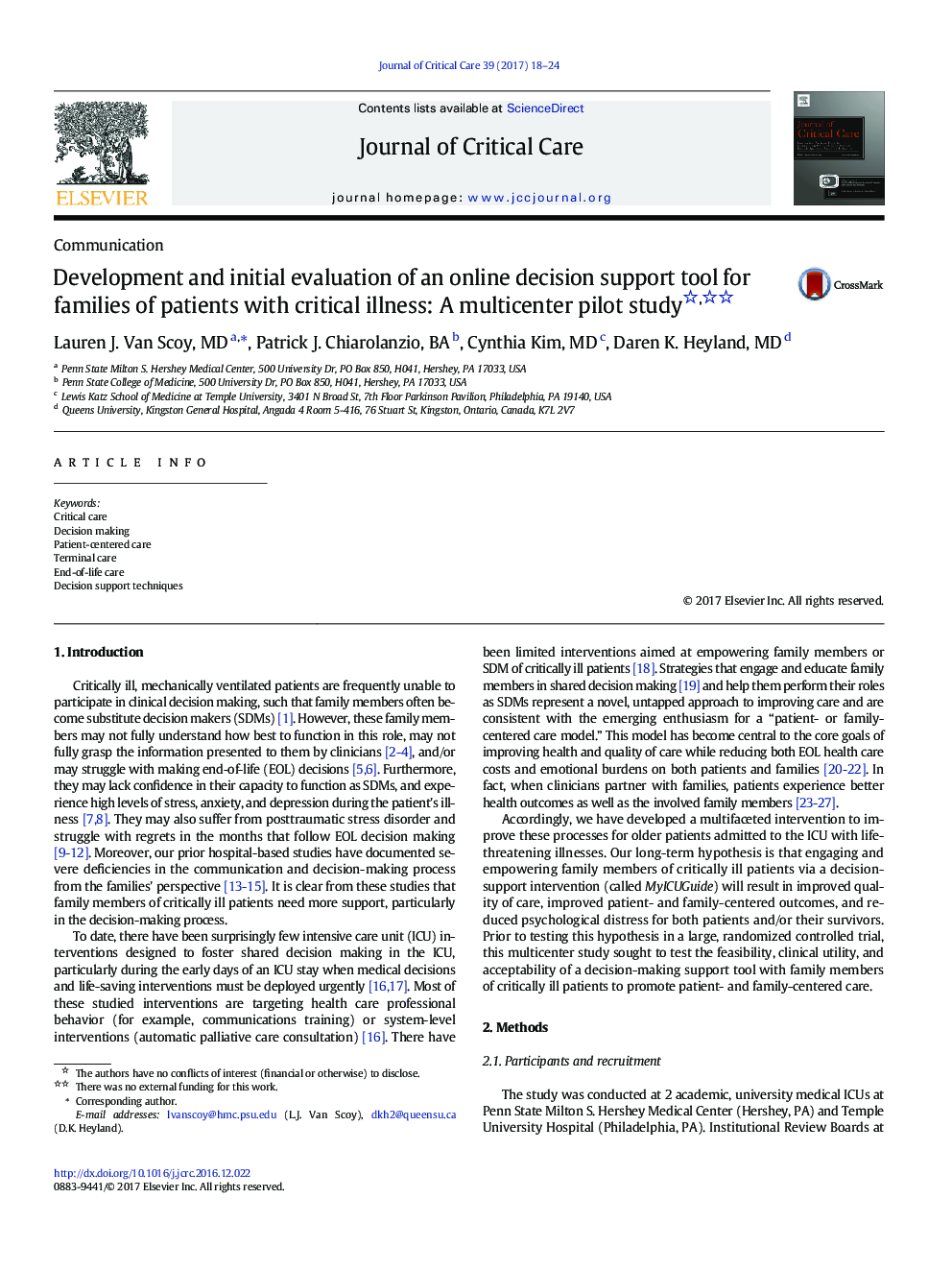 Development and initial evaluation of an online decision support tool for families of patients with critical illness: A multicenter pilot study