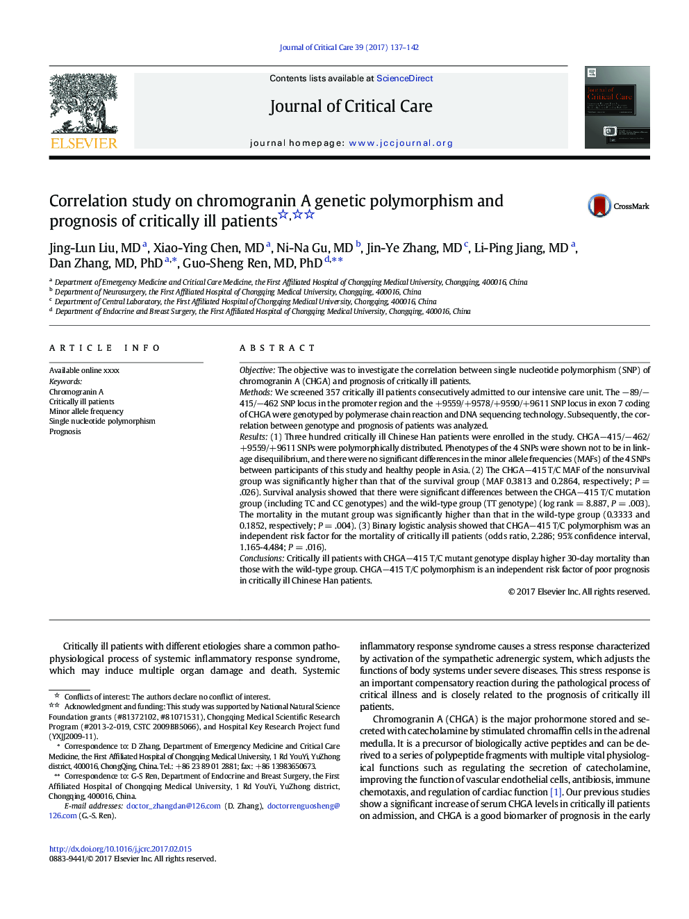 Correlation study on chromogranin A genetic polymorphism and prognosis of critically ill patients