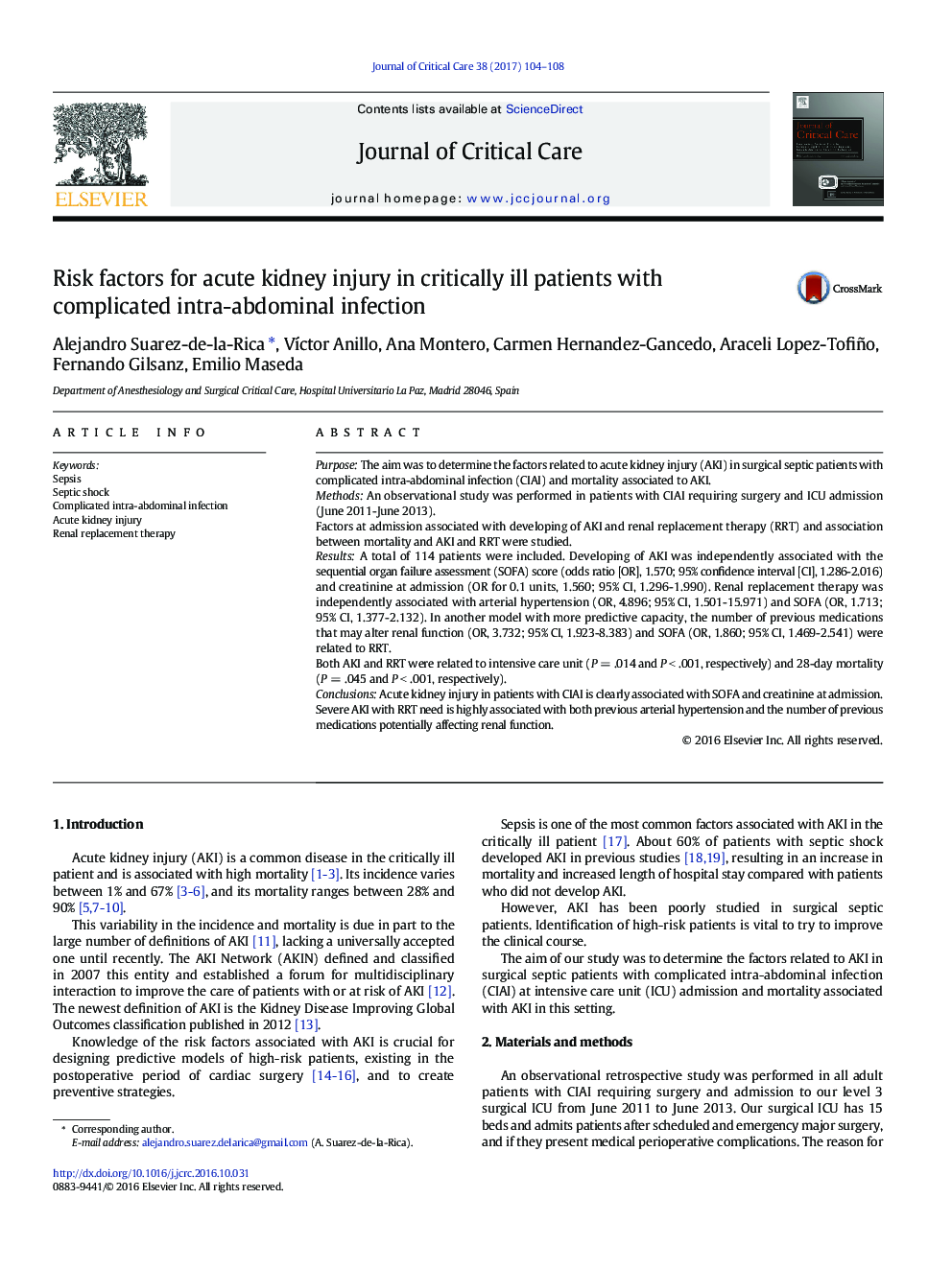 RenalRisk factors for acute kidney injury in critically ill patients with complicated intra-abdominal infection