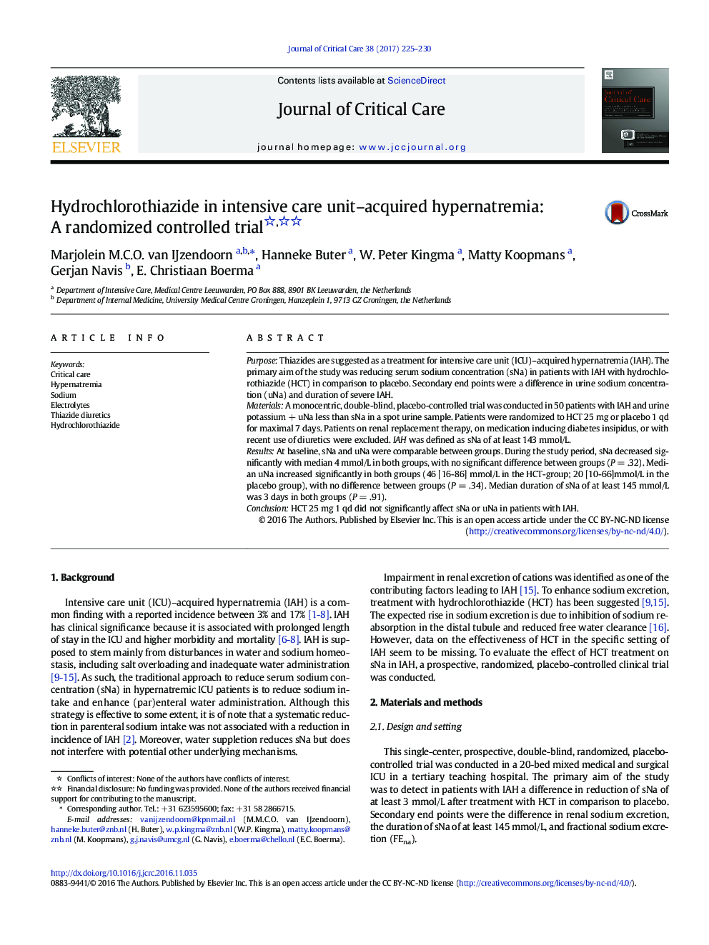 هیدروکلروتیازید در هیپرناترمی اکتسابی از بخش مراقبت های ویژه: مطالعه کنترل شده تصادفی