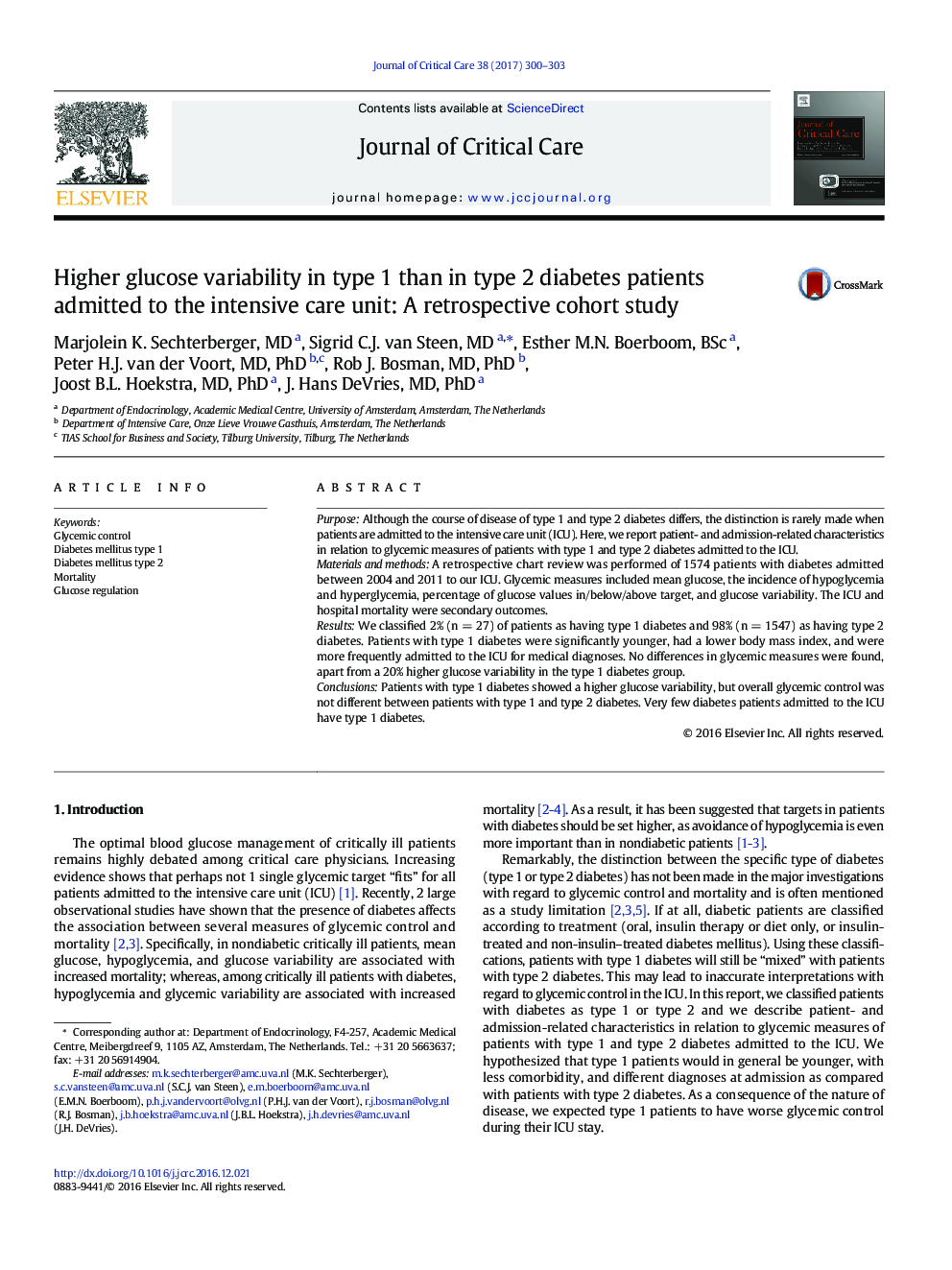 Higher glucose variability in type 1 than in type 2 diabetes patients admitted to the intensive care unit: A retrospective cohort study