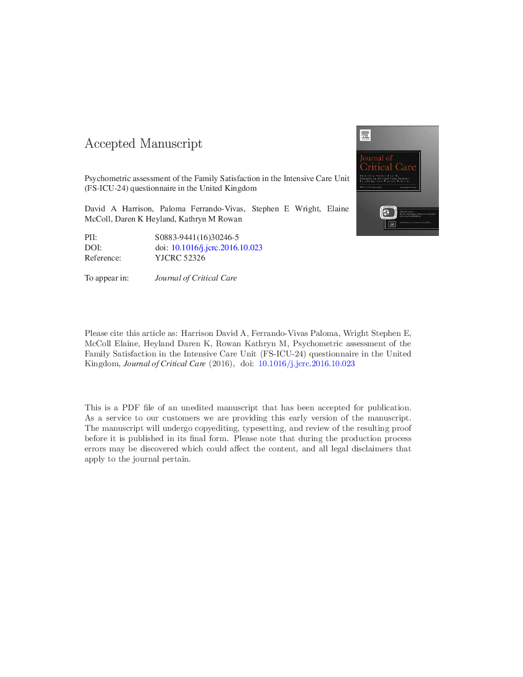 Psychometric assessment of the Family Satisfaction in the Intensive Care Unit questionnaire in the United Kingdom