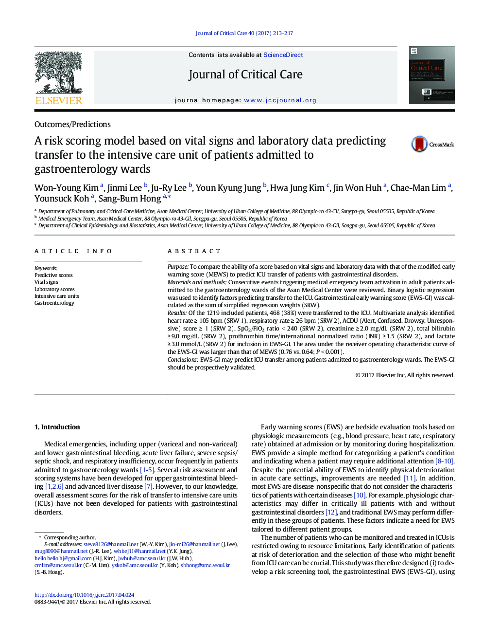 A risk scoring model based on vital signs and laboratory data predicting transfer to the intensive care unit of patients admitted to gastroenterology wards