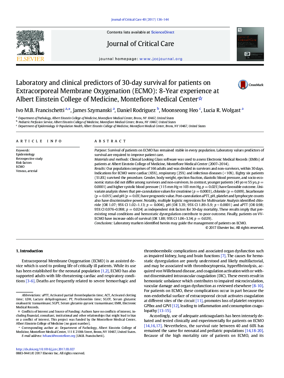 Laboratory and clinical predictors of 30-day survival for patients on Extracorporeal Membrane Oxygenation (ECMO): 8-Year experience at Albert Einstein College of Medicine, Montefiore Medical Center