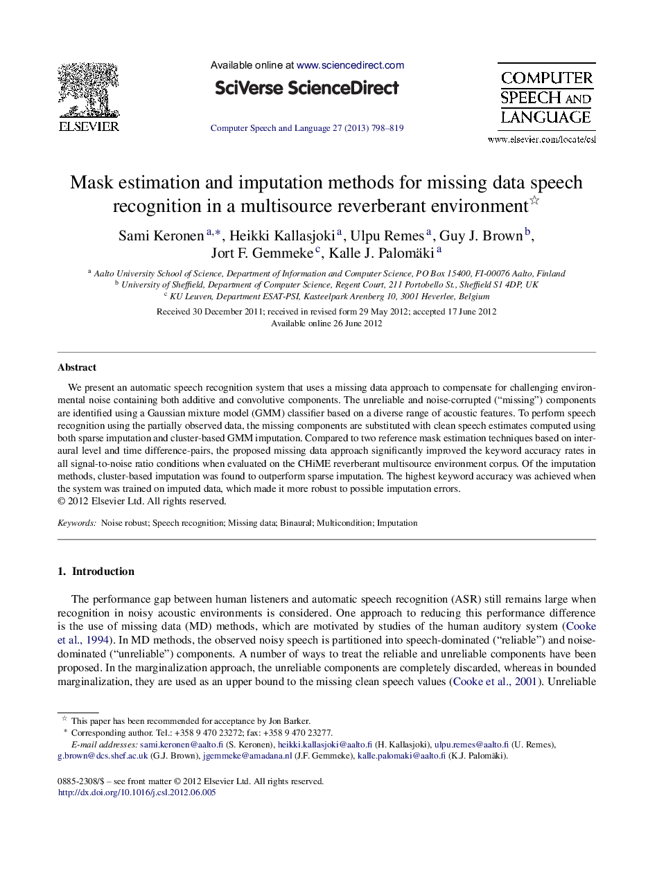 Mask estimation and imputation methods for missing data speech recognition in a multisource reverberant environment 