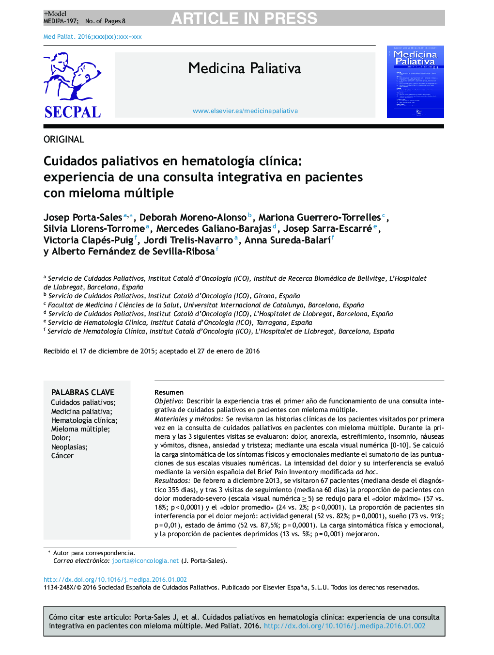 Cuidados paliativos en hematologÃ­a clÃ­nica: experiencia de una consulta integrativa en pacientes con mieloma múltiple