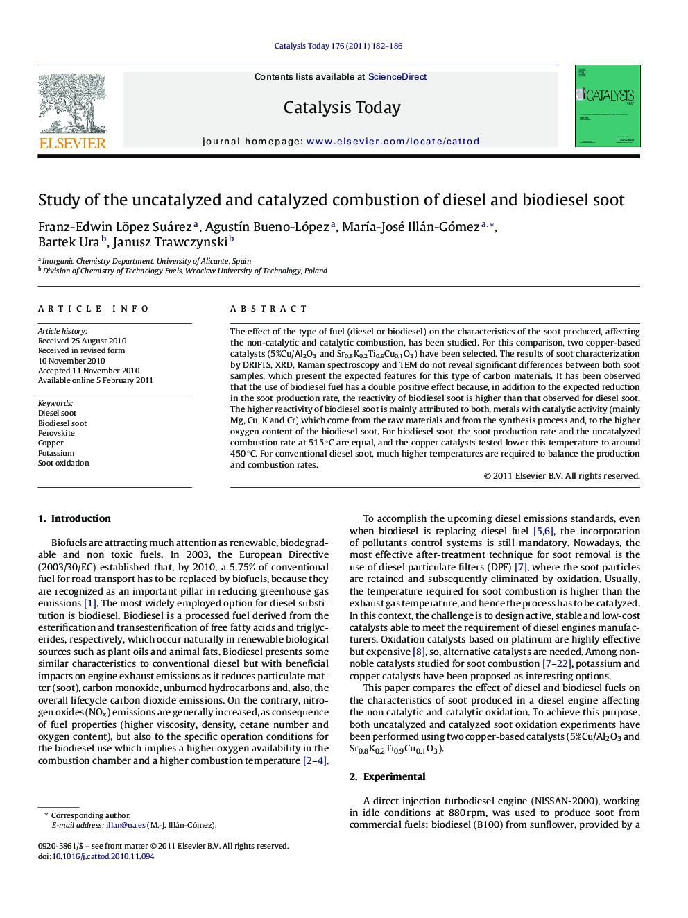 Study of the uncatalyzed and catalyzed combustion of diesel and biodiesel soot