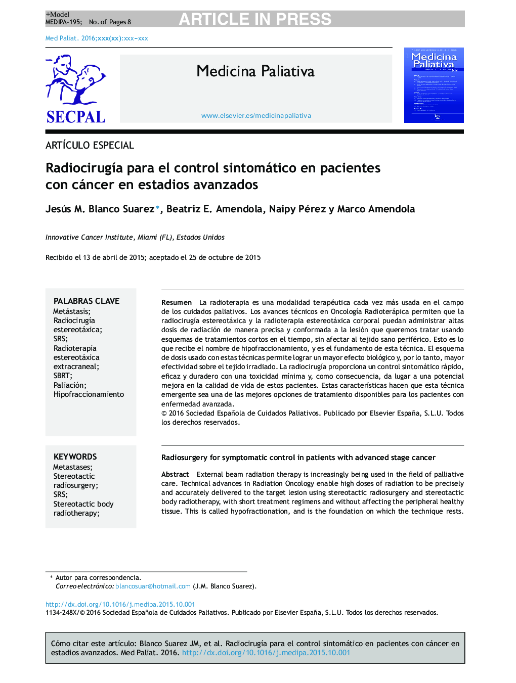 RadiocirugÃ­a para el control sintomático en pacientes con cáncer en estadios avanzados