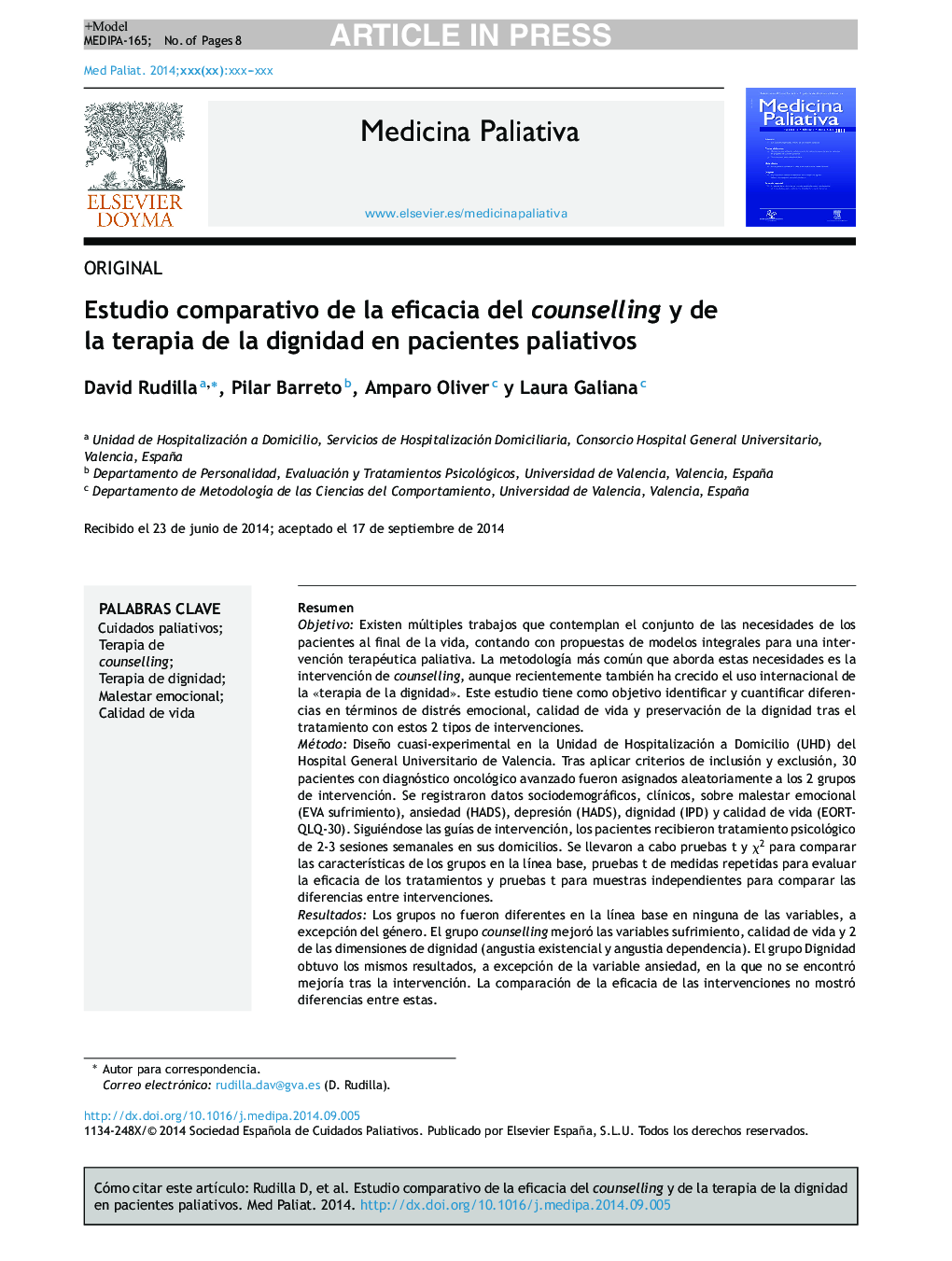 Estudio comparativo de la eficacia del counselling y de la terapia de la dignidad en pacientes paliativos