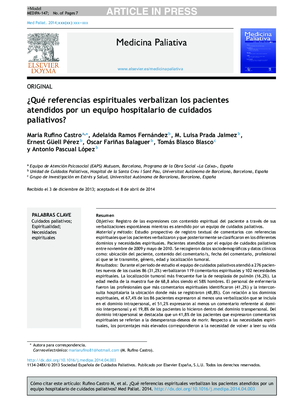 Â¿Qué referencias espirituales verbalizan los pacientes atendidos por un equipo hospitalario de cuidados paliativos?