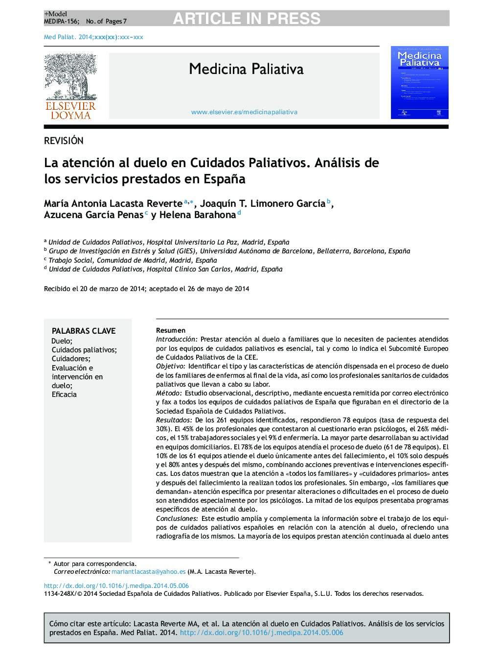 La atención al duelo en Cuidados Paliativos. Análisis de los servicios prestados en España