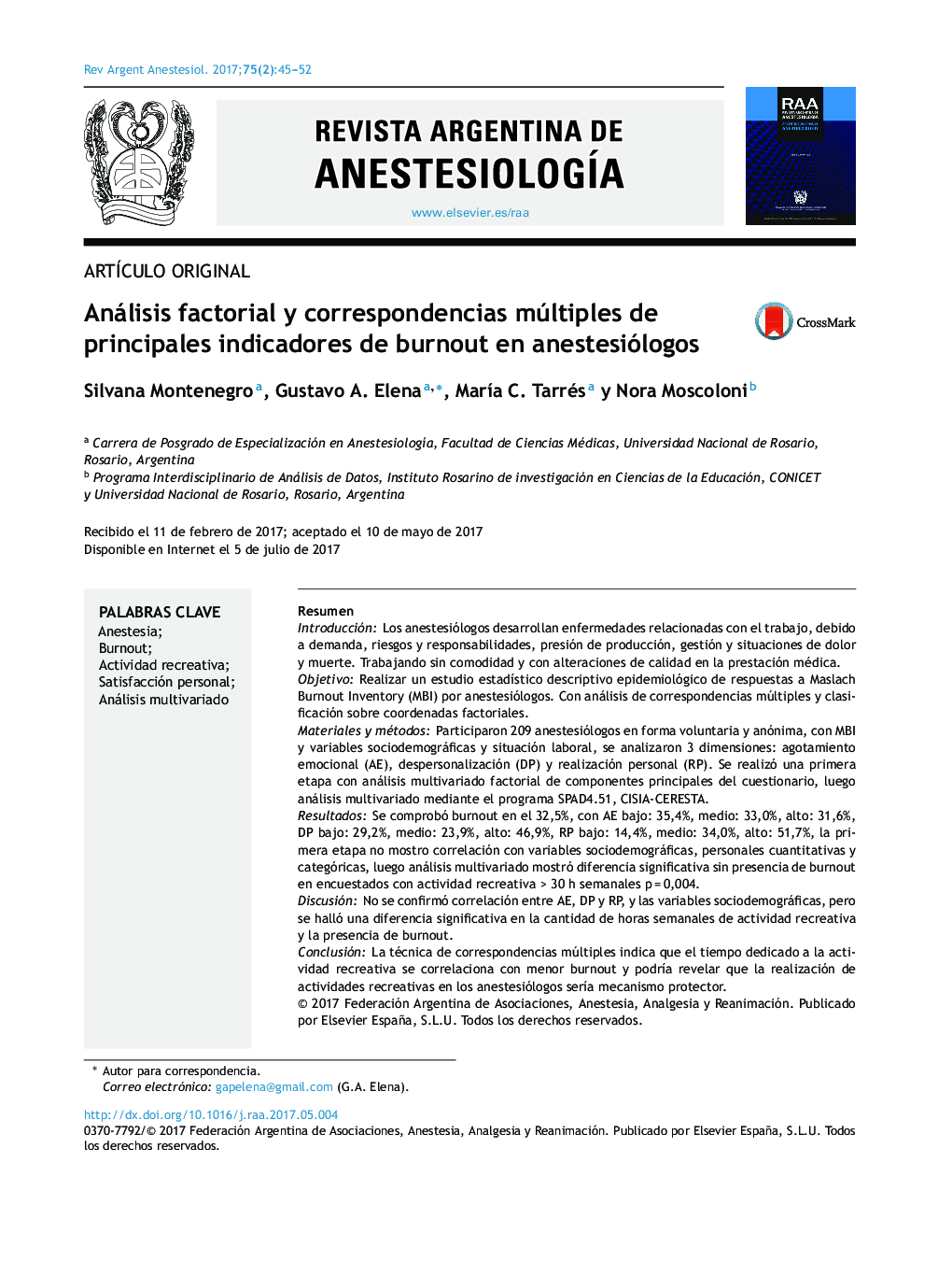 Análisis factorial y correspondencias múltiples de principales indicadores de burnout en anestesiólogos