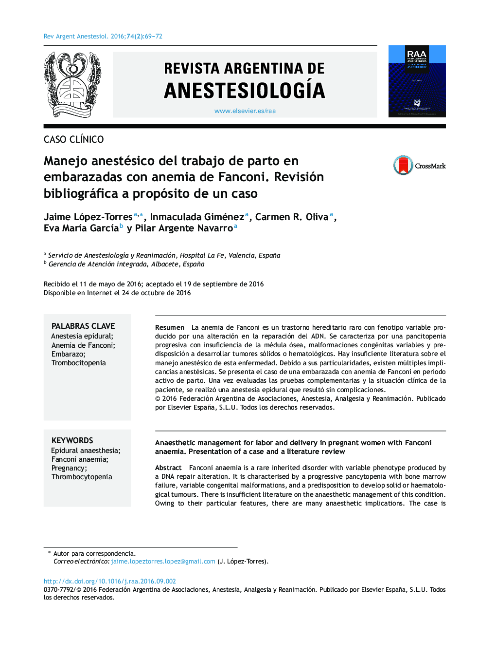 Manejo anestésico del trabajo de parto en embarazadas con anemia de Fanconi. Revisión bibliográfica a propósito de un caso