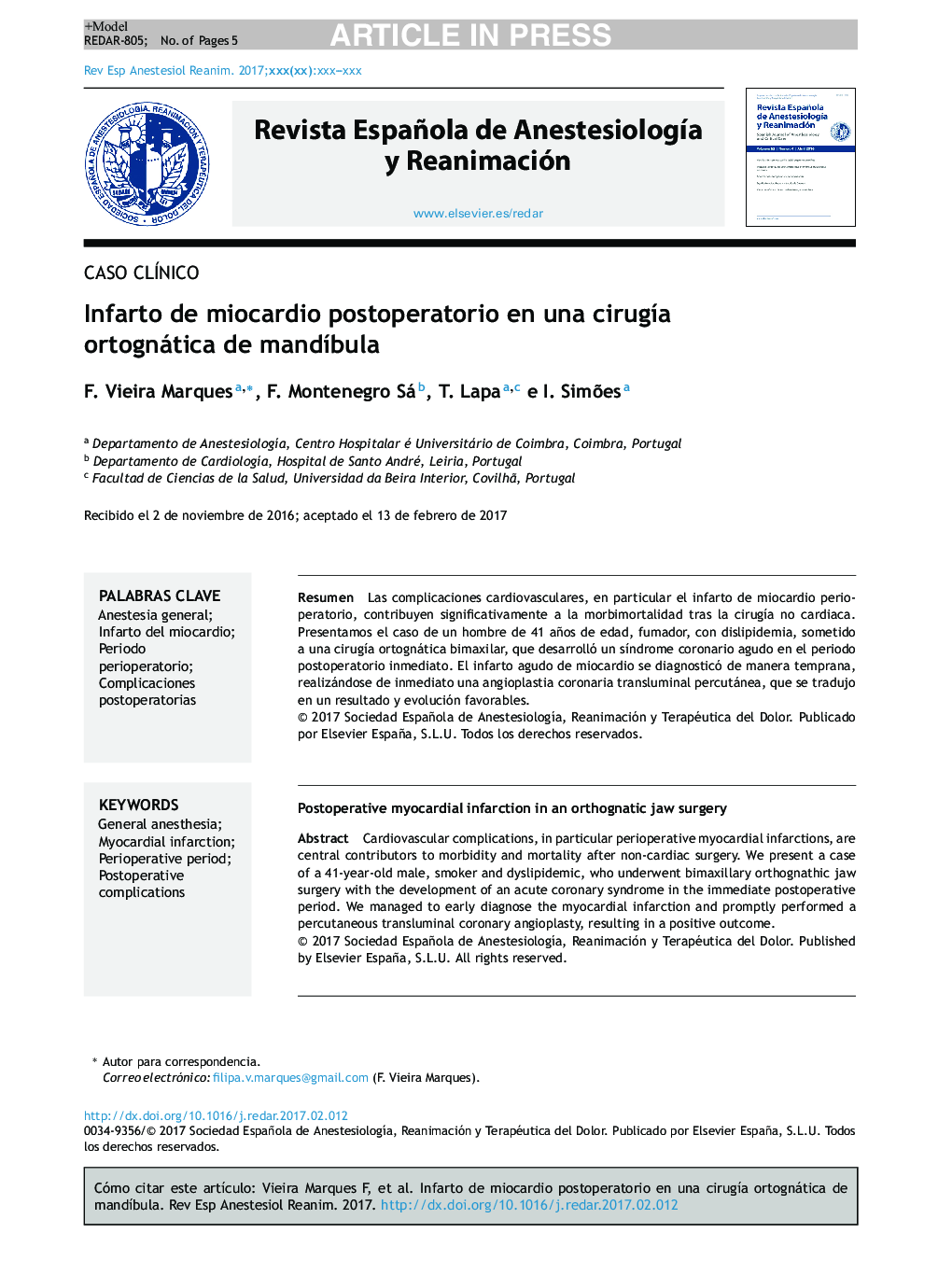 Infarto de miocardio postoperatorio en una cirugÃ­a ortognática de mandÃ­bula