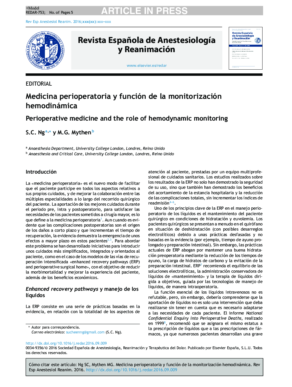 Medicina perioperatoria y función de la monitorización hemodinámica