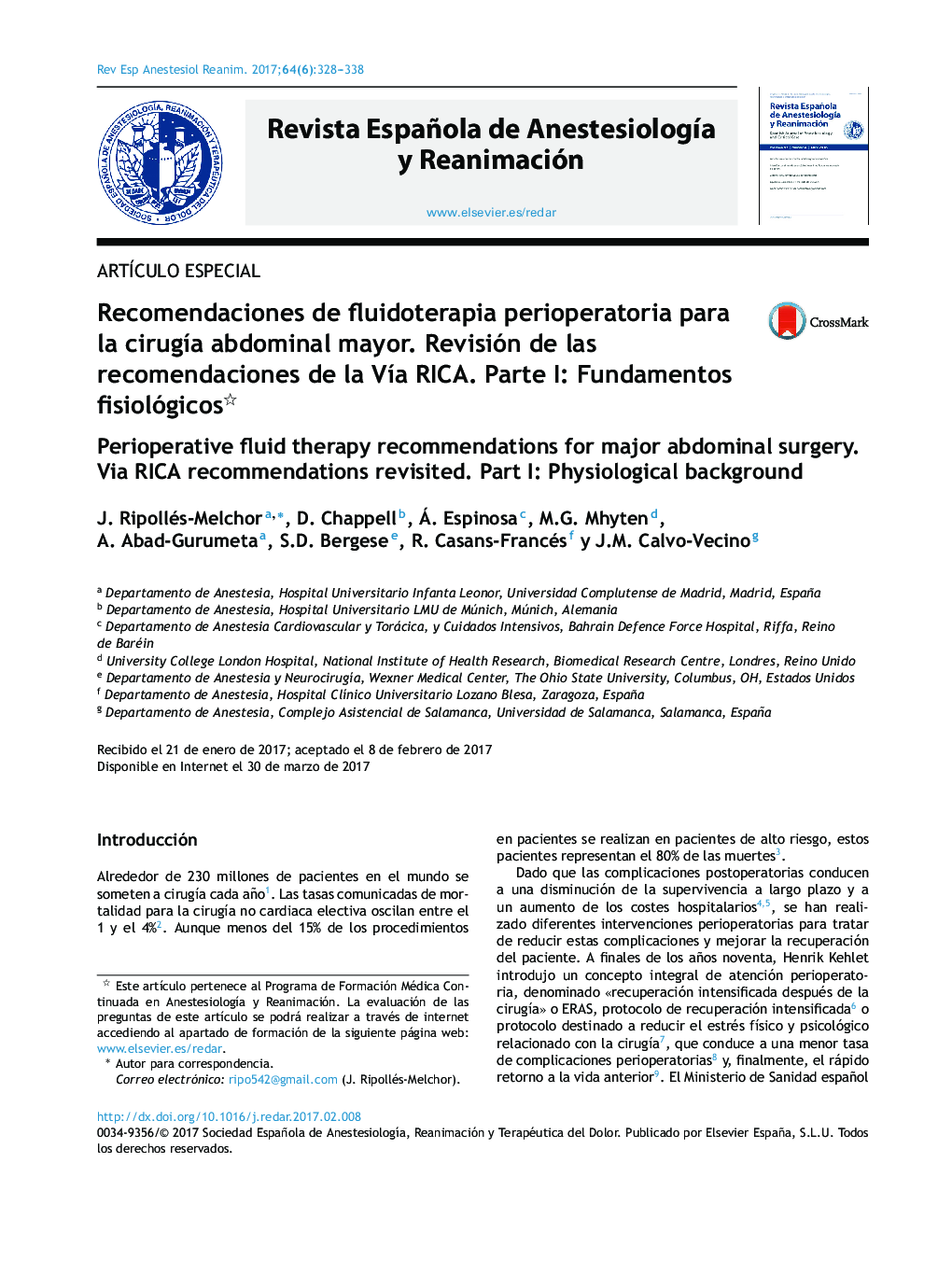 Recomendaciones de fluidoterapia perioperatoria para la cirugÃ­a abdominal mayor. Revisión de las recomendaciones de la VÃ­a RICA. Parte I: Fundamentos fisiológicos