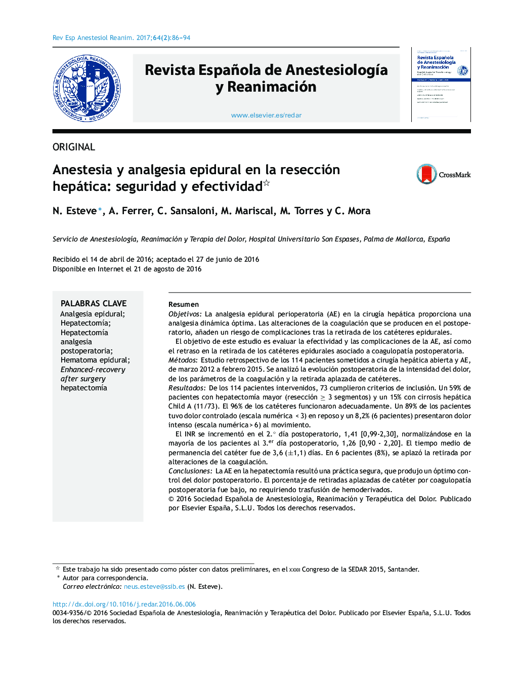 Anestesia y analgesia epidural en la resección hepática: seguridad y efectividad