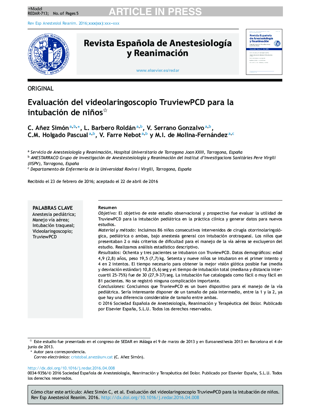 Evaluación del videolaringoscopio TruviewPCD para la intubación de niños