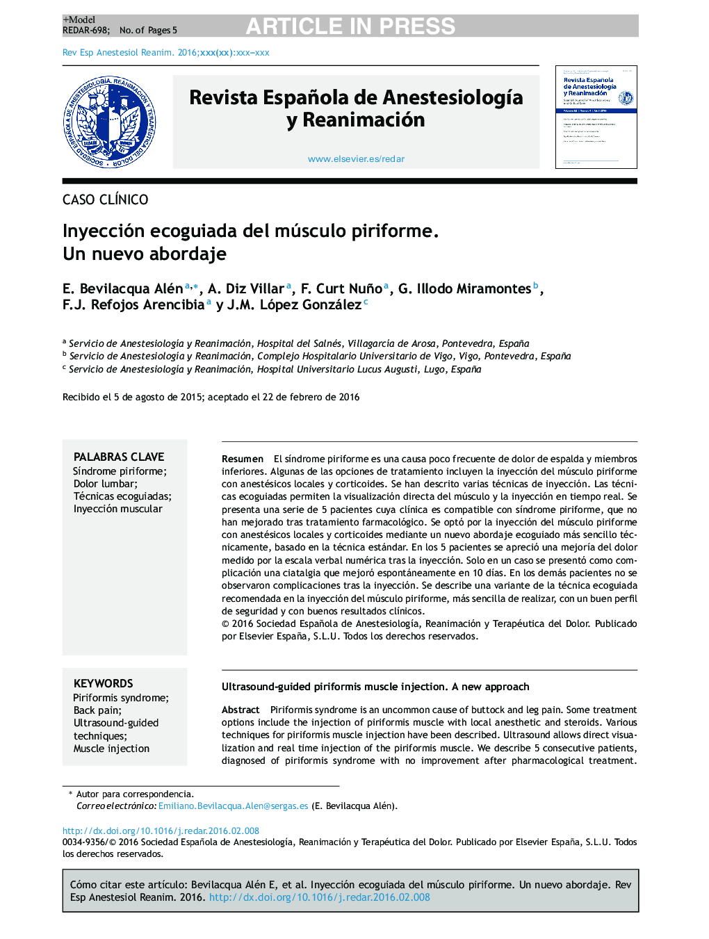 Inyección ecoguiada del músculo piriforme. Un nuevo abordaje