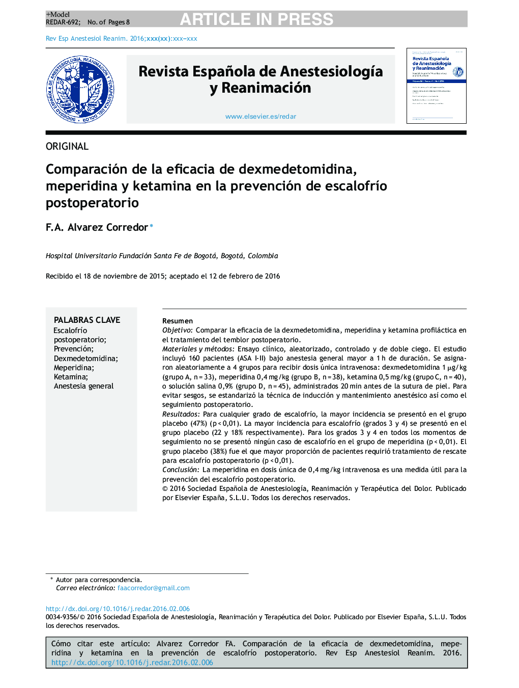 Comparación de la eficacia de dexmedetomidina, meperidina y ketamina en la prevención de escalofrÃ­o postoperatorio