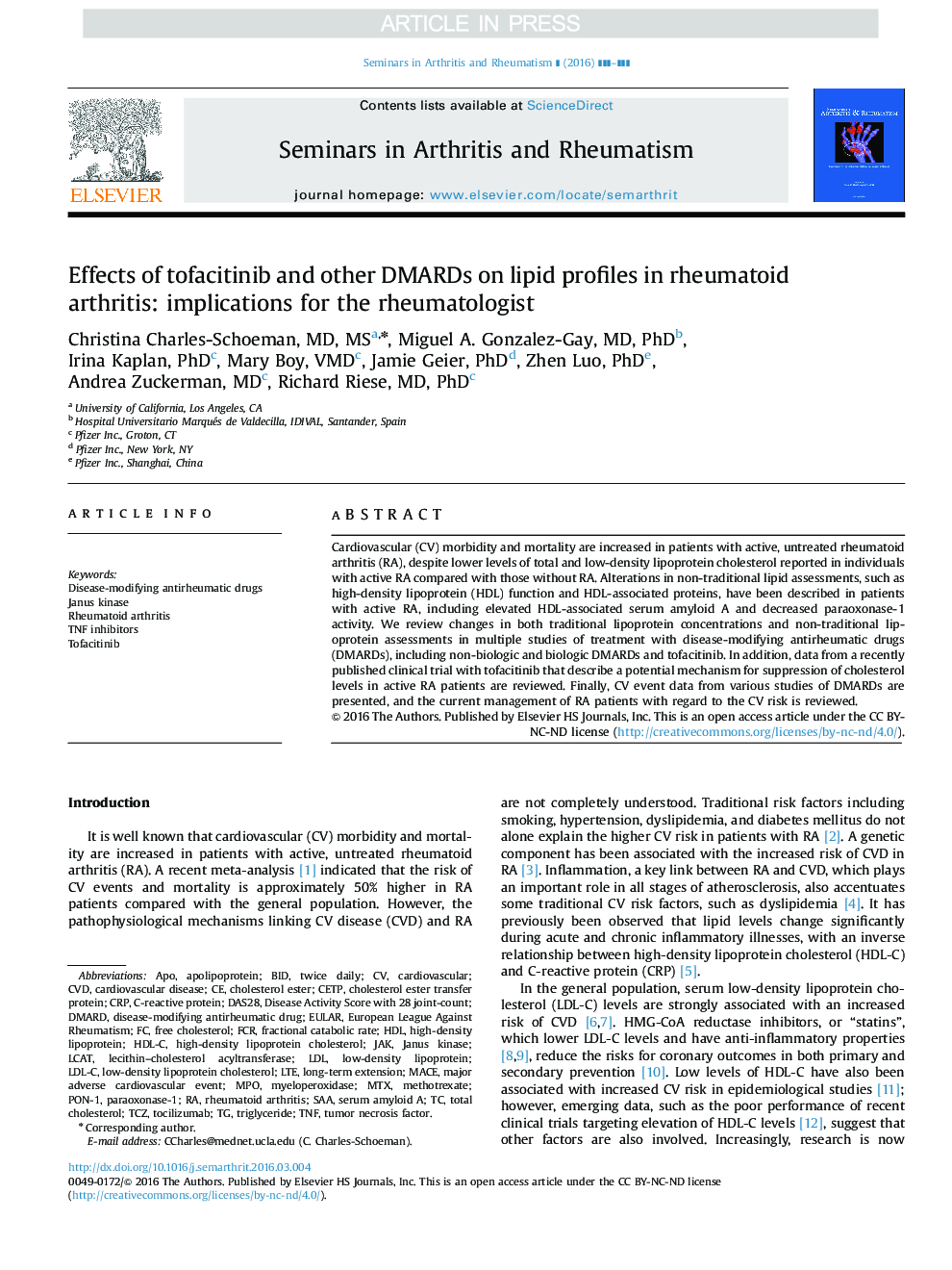 Effects of tofacitinib and other DMARDs on lipid profiles in rheumatoid arthritis: implications for the rheumatologist