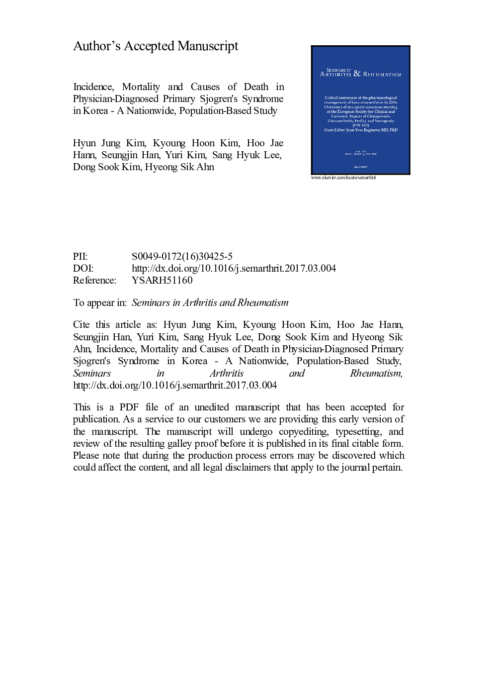 Incidence, mortality, and causes of death in physician-diagnosed primary Sjögren's syndrome in Korea: A nationwide, population-based study