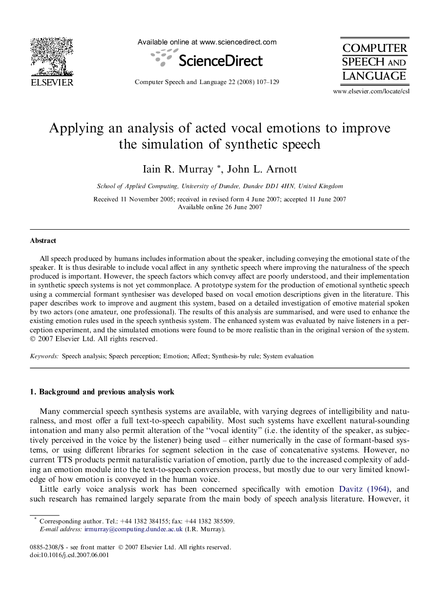 Applying an analysis of acted vocal emotions to improve the simulation of synthetic speech