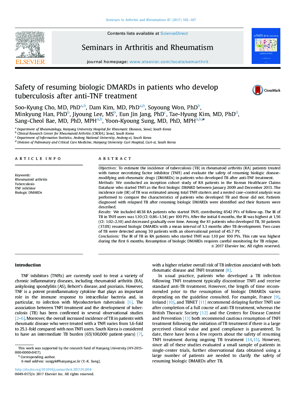 Safety of resuming biologic DMARDs in patients who develop tuberculosis after anti-TNF treatment