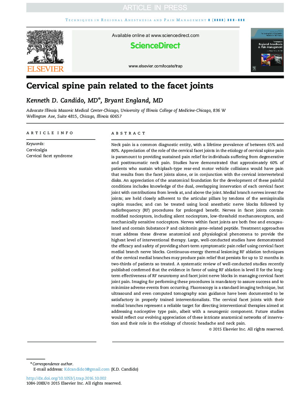 Cervical spine pain related to the facet joints