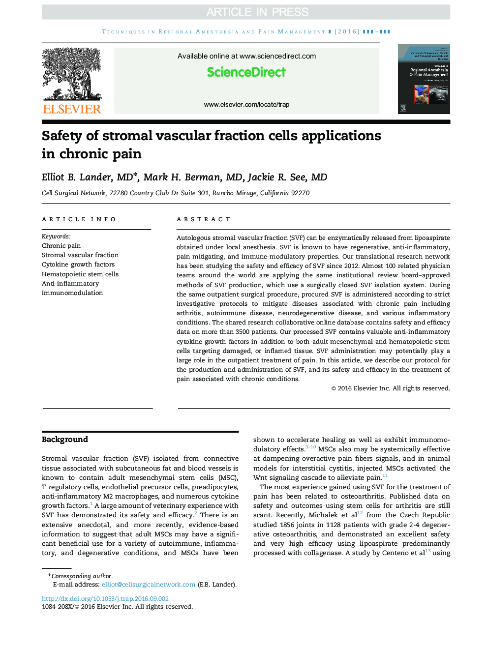 Safety of stromal vascular fraction cells applications in chronic pain