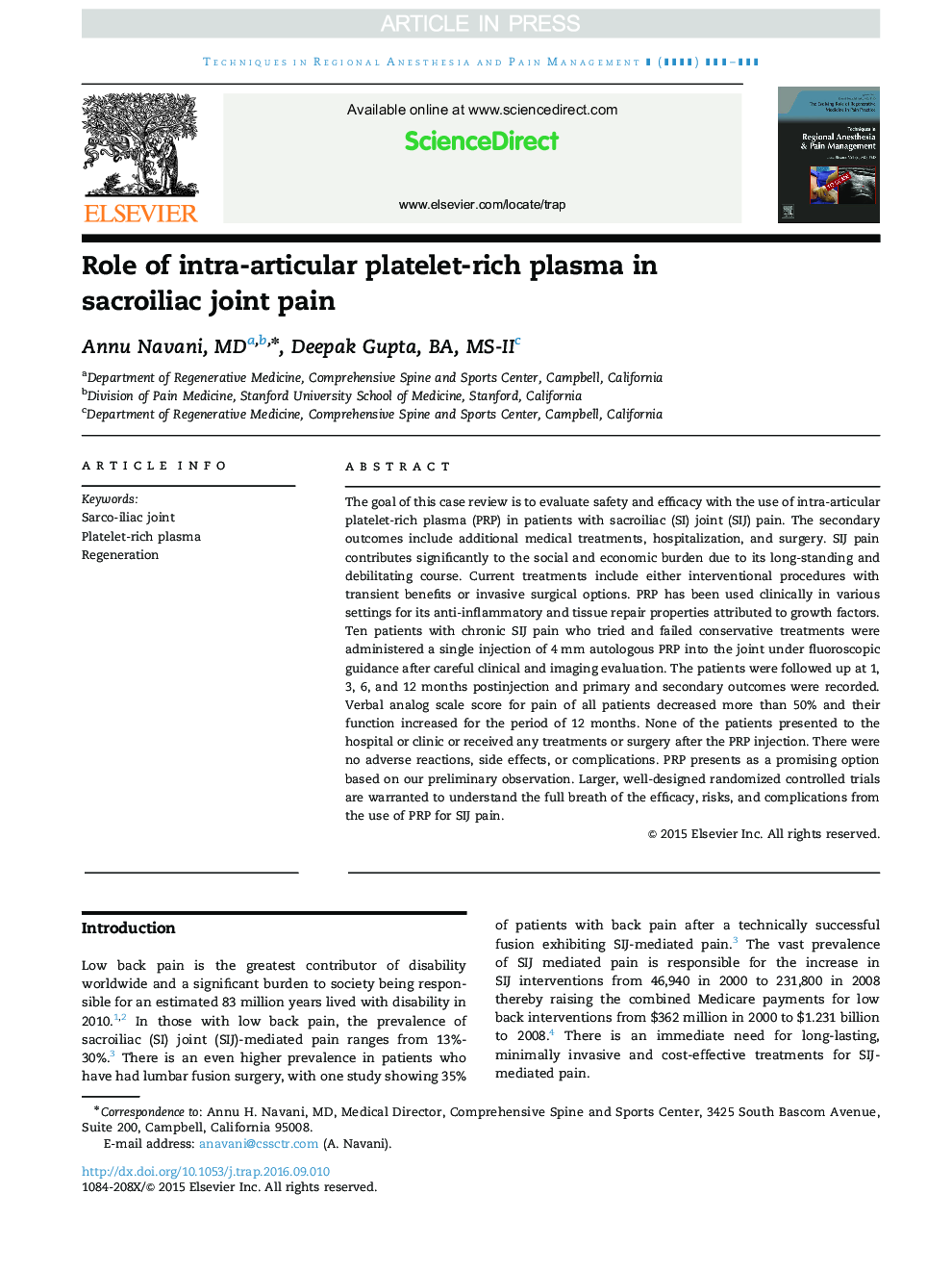 Role of intra-articular platelet-rich plasma in sacroiliac joint pain