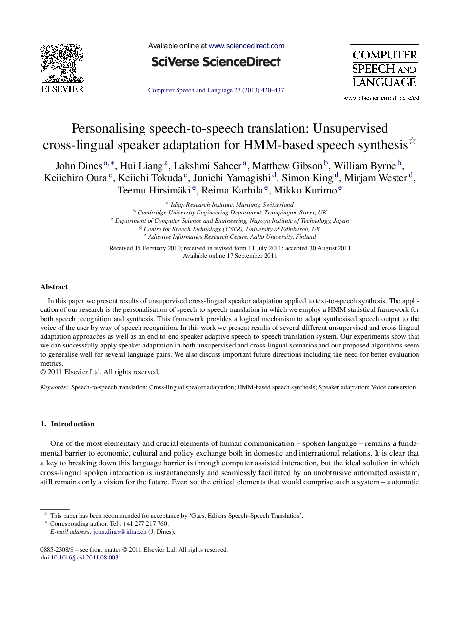 Personalising speech-to-speech translation: Unsupervised cross-lingual speaker adaptation for HMM-based speech synthesis 