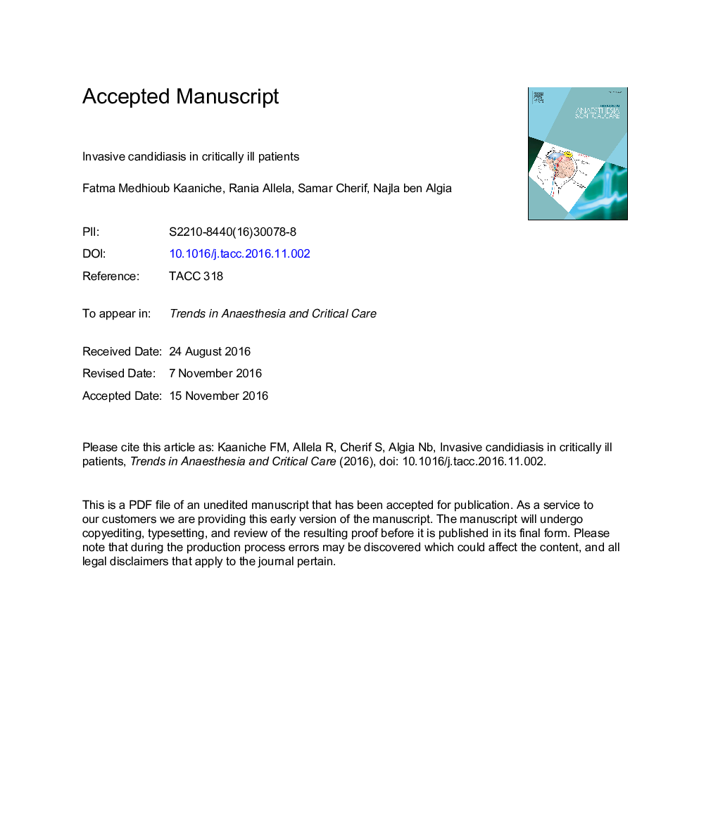 Invasive candidiasis in critically ill patients